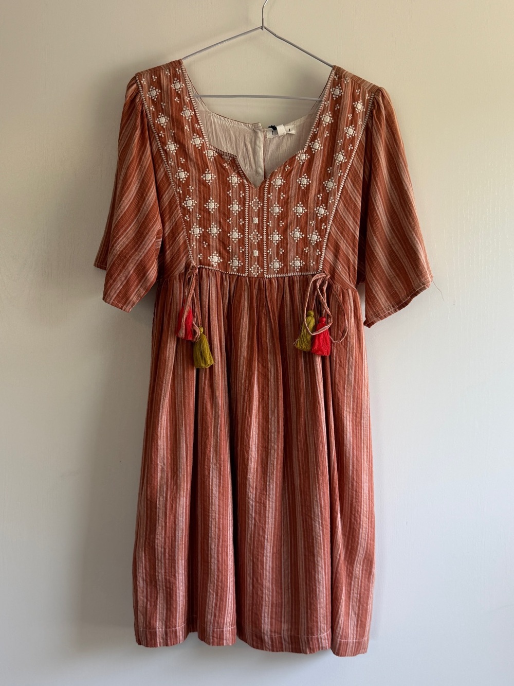 THML Rust Striped Mini Dress with Embroidered Bib